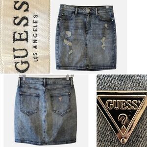 Guess Los Angeles Distressed Denim Skirt Mini Acid Wash Jean Sz XS
